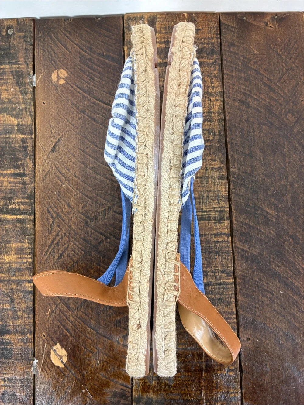 New Talbots Women’s 9 Blue Tan Striped Bow Espadrille Sandals Ilyssa Flat